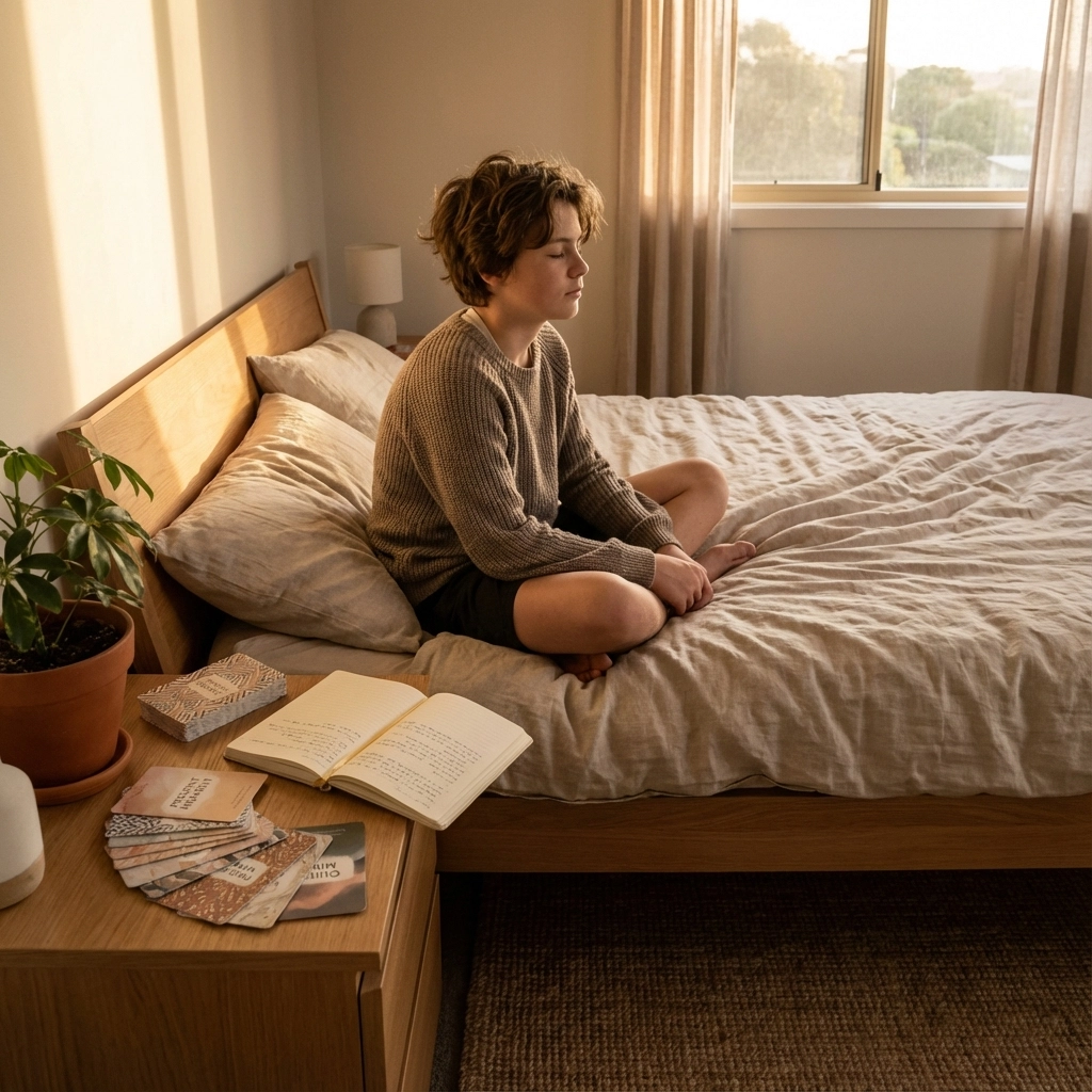 Teen reading devotional with peaceful expression