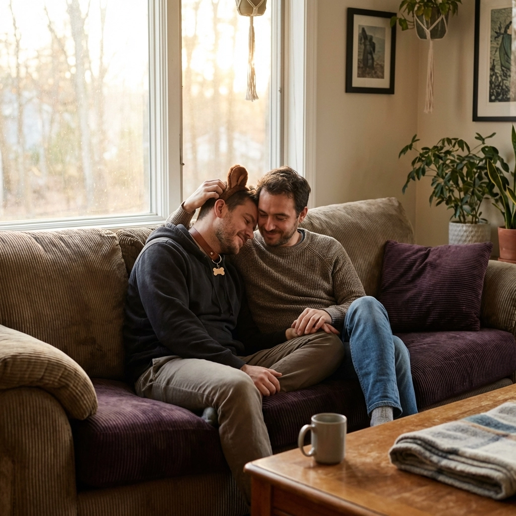Gay handler and pup sharing caring moment showing non-sexual emotional intimacy