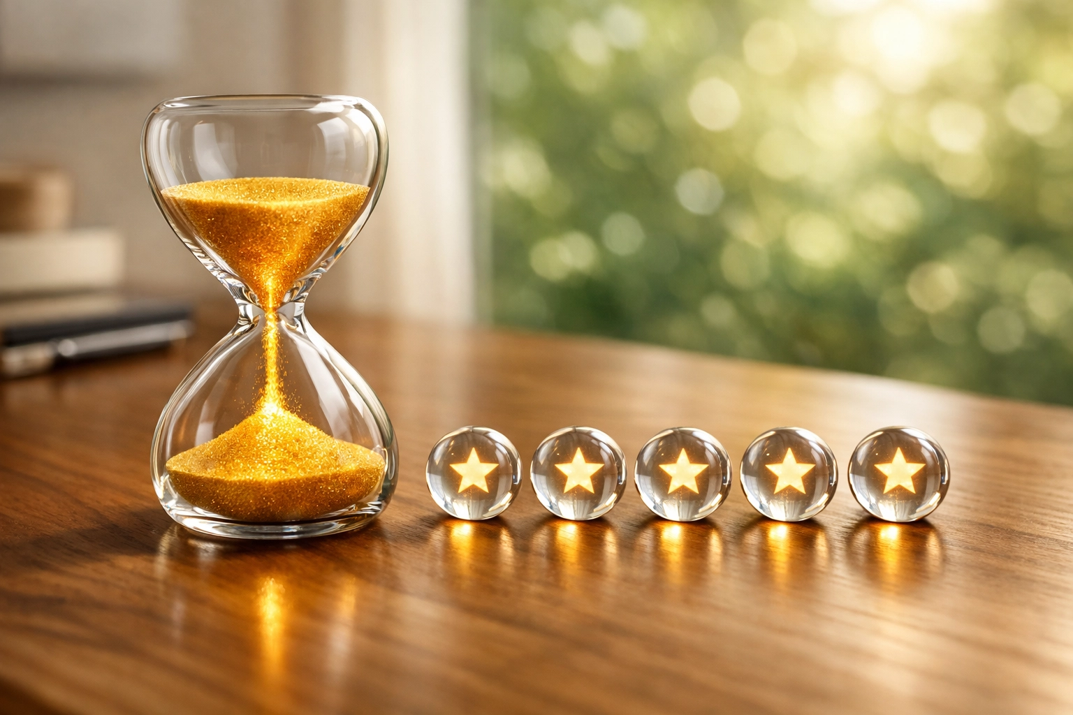 Hourglass and stars symbolizing steady review velocity for consistent Google search rankings.