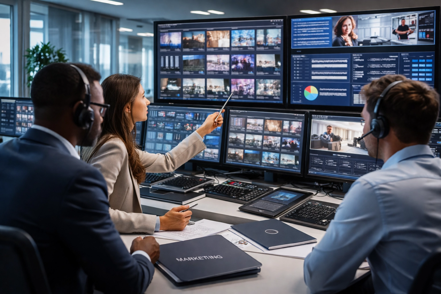 Media professionals managing digital assets and workflows in a modern control room for brand governance and organization