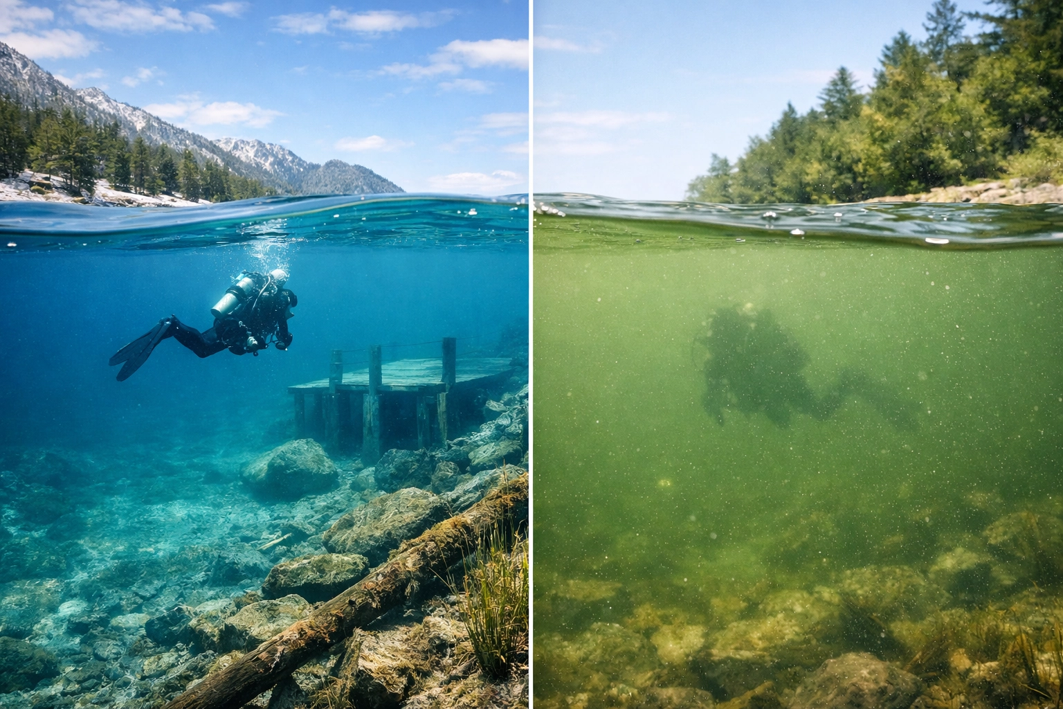 Sichtweiten-Vergleich am Goitzschesee: Winter vs. Sommer unter Wasser