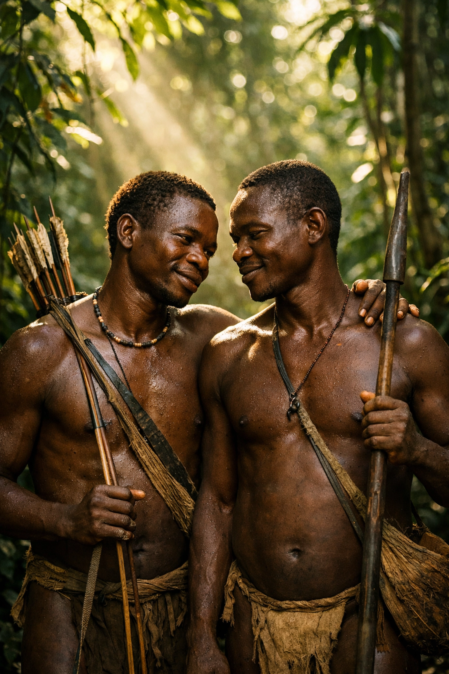 Two Baka men show intimacy in Congo Basin rainforest, representing same-sex bonds in egalitarian society