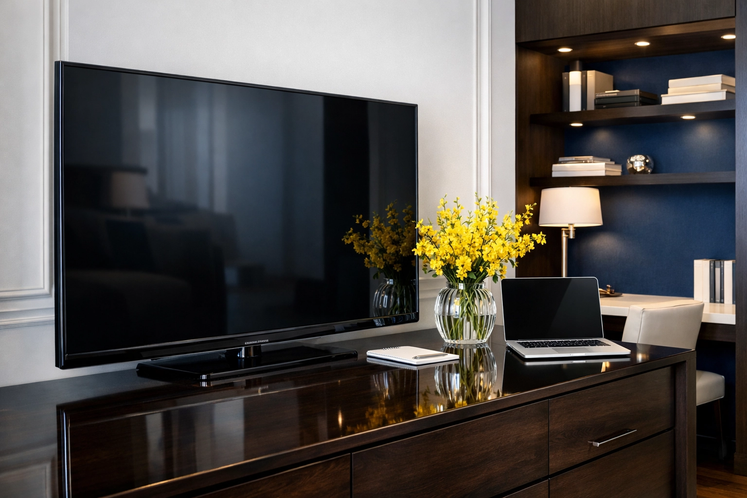 Dust-free electronics and polished furniture in an Acton home office entertainment center.
