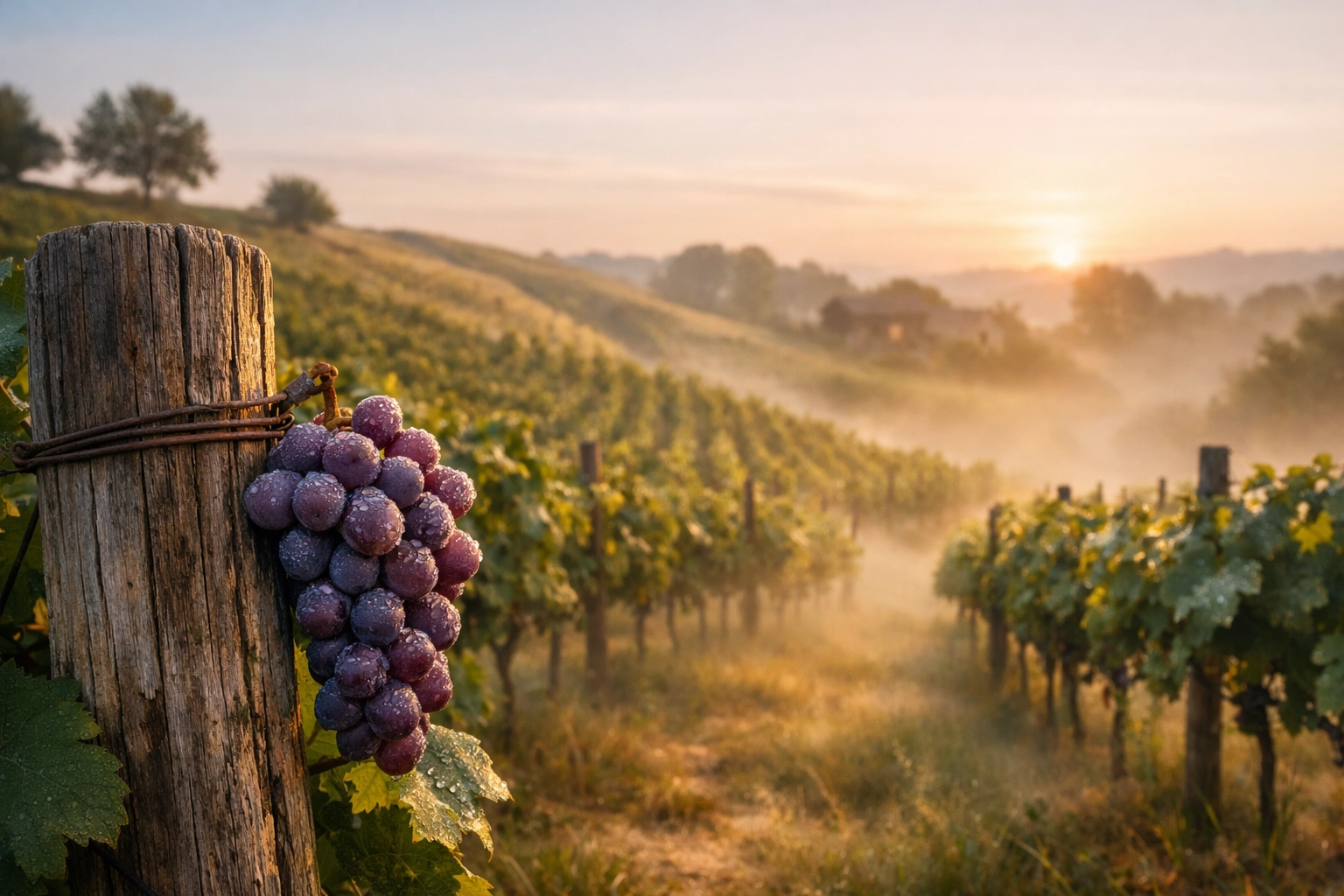 Fresh wine grapes in a sun-drenched boutique vineyard highlighting artisanal craftsmanship.