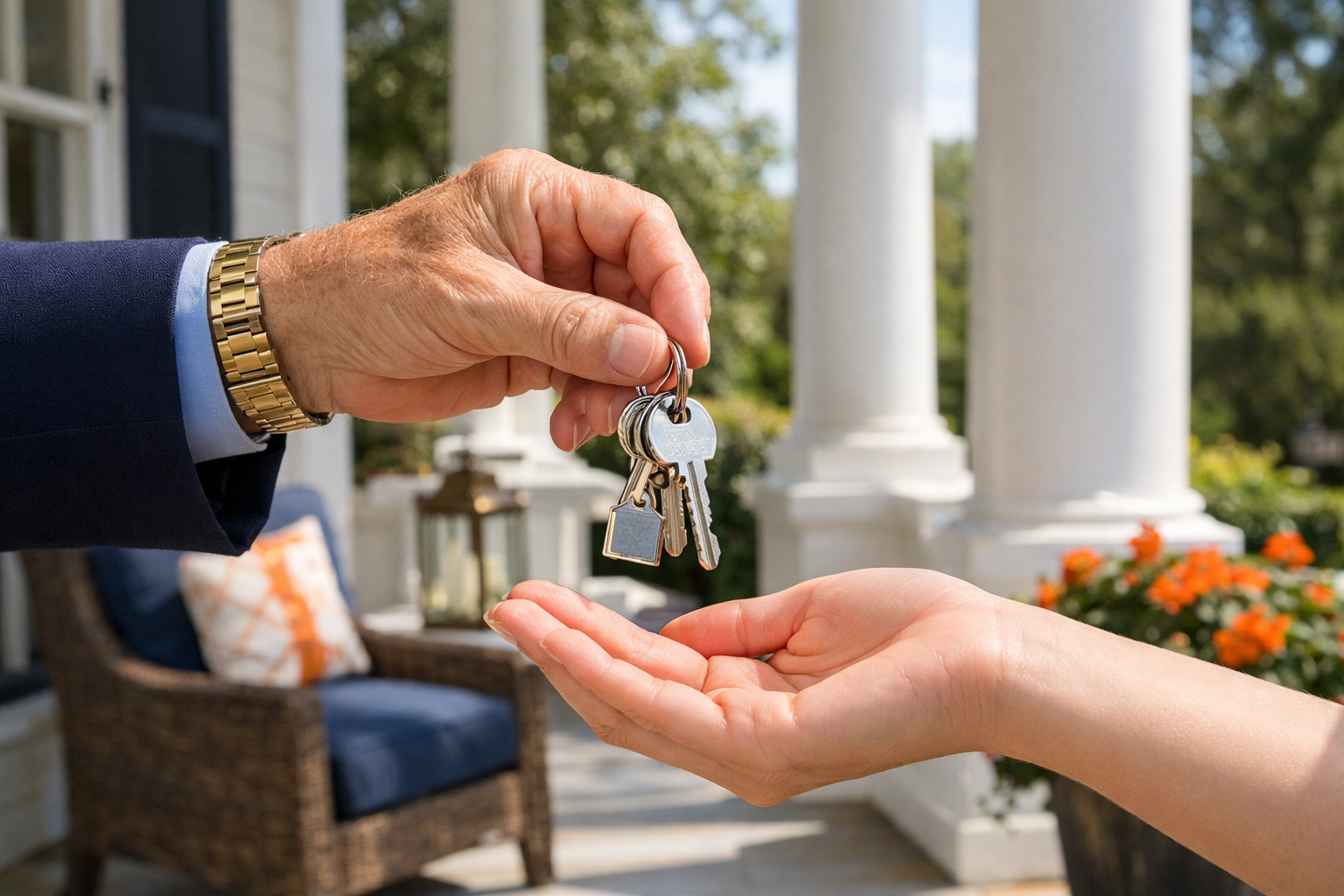 Older hand passing house keys to younger hand on a Georgia home porch during the probate process.