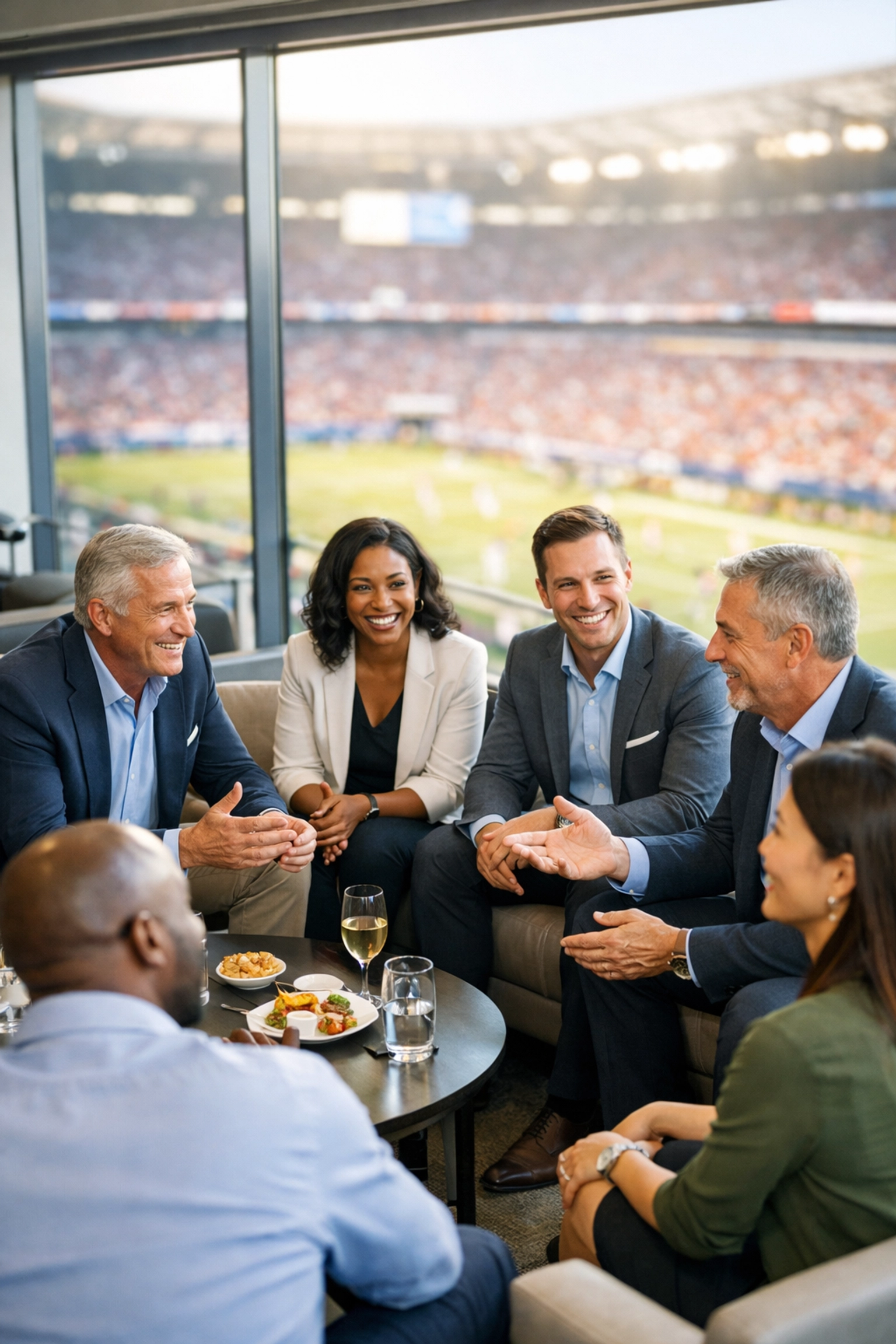 Executives networking in a luxury Super Bowl hospitality suite overlooking a professional football stadium.