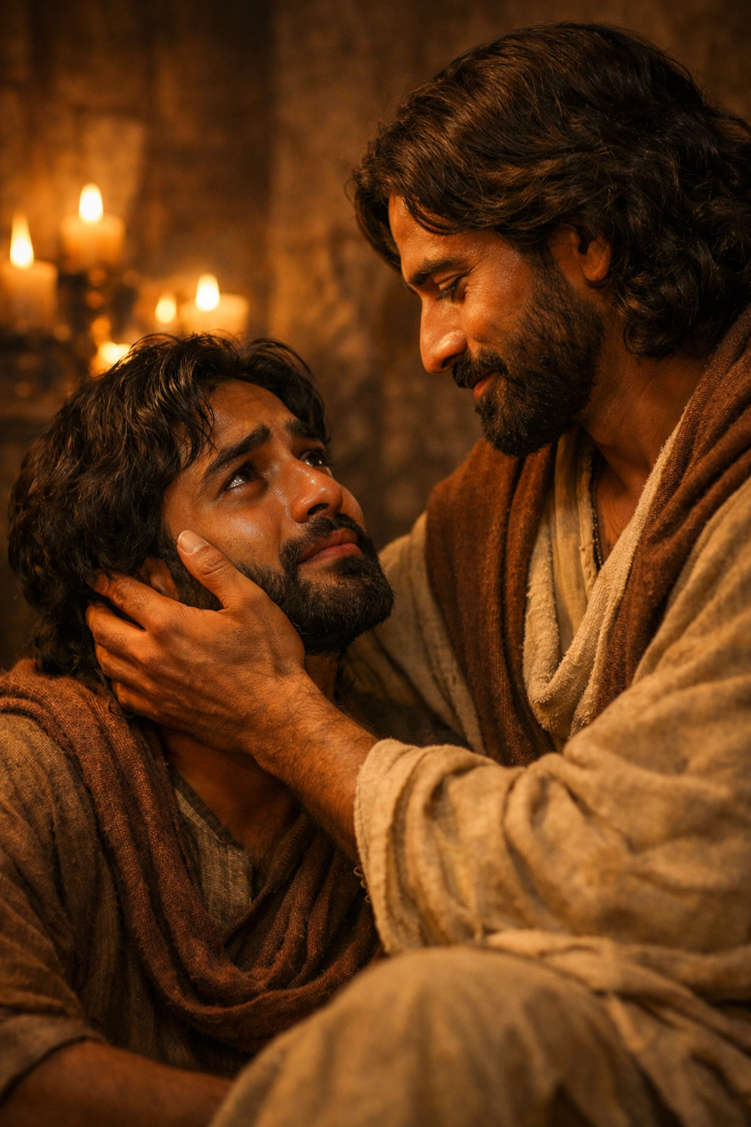 Two South Asian men in historical 13th-century attire sharing a sacred moment of spiritual intimacy and devotion.