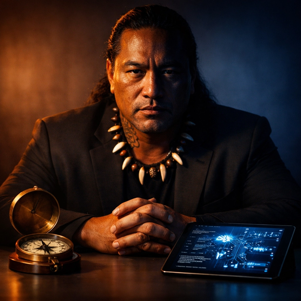 Leader balancing traditional values and AI innovation with compass and technology on desk