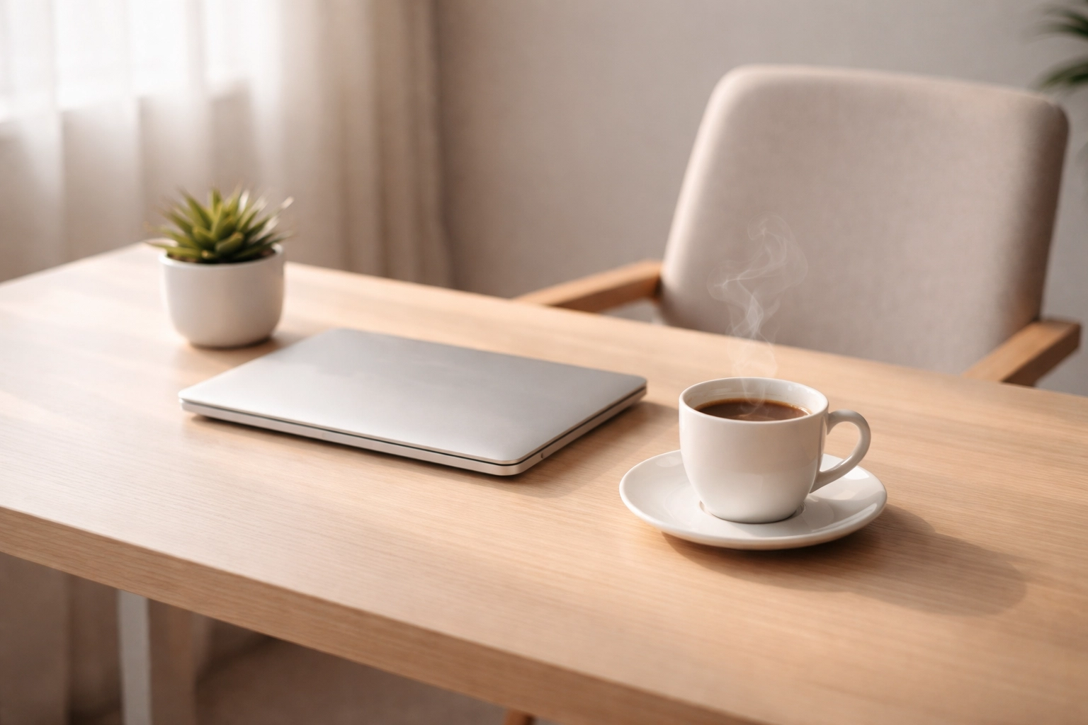 Modern home office desk with coffee cup and closed laptop, representing structured breaks for tax professionals