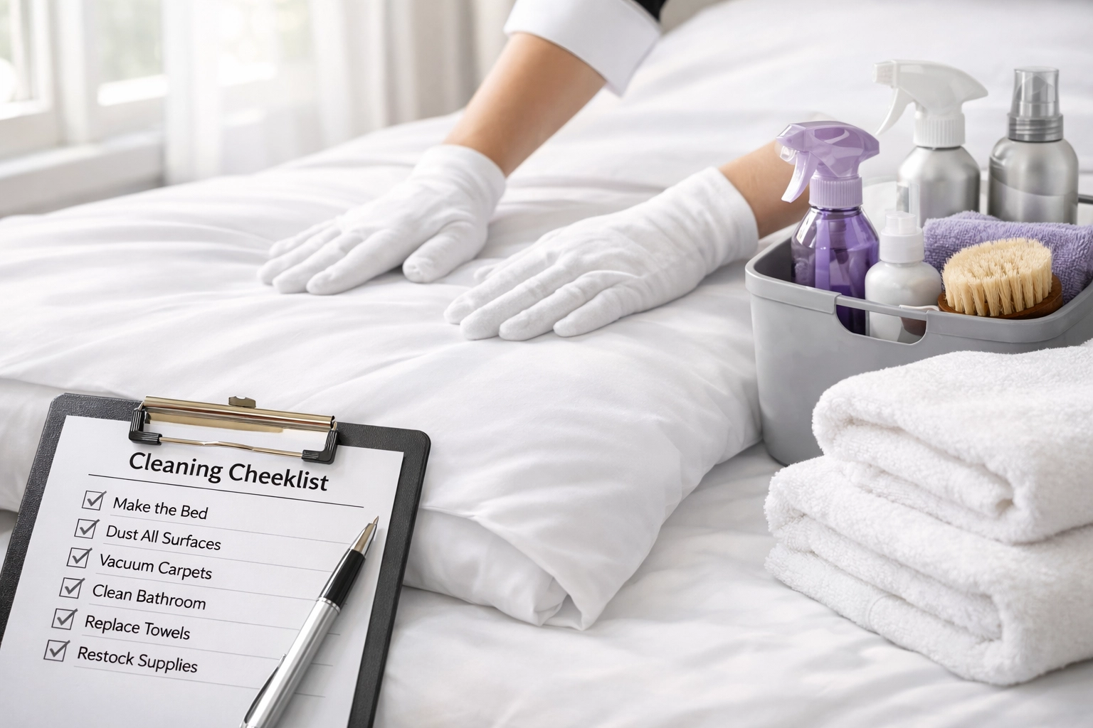 Professional cleaning service making luxury vacation rental bed with hotel-quality standards checklist