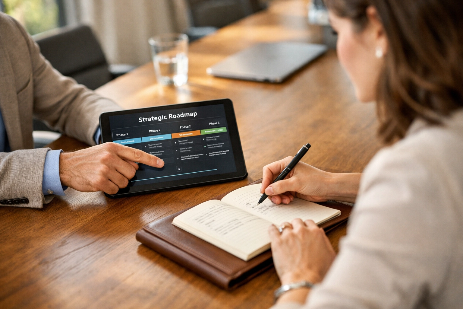 Strategic consulting professionals reviewing a digital media roadmap in a modern boardroom.
