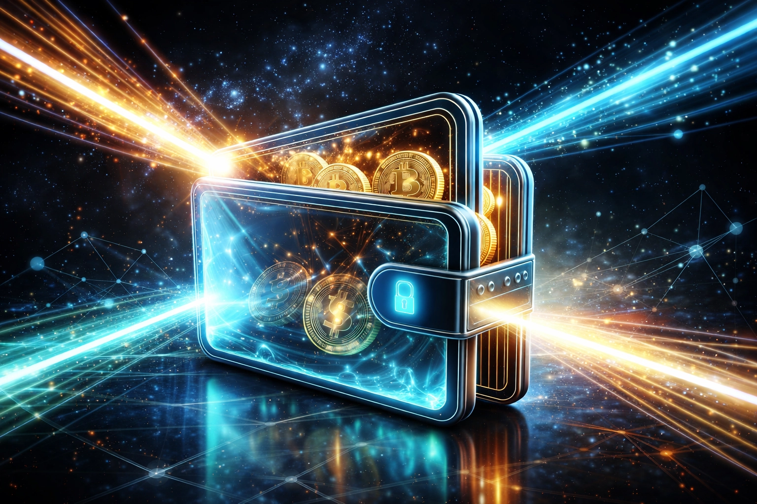 A digital wallet surrounded by blockchain energy flows, highlighting self-custody and secure merchant crypto payment solutions.