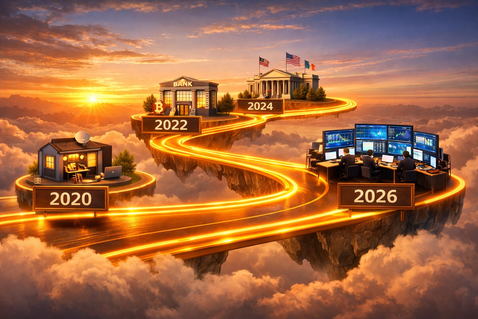 Bitcoin institutional adoption timeline from 2020 to 2026 showing mainstream financial integration