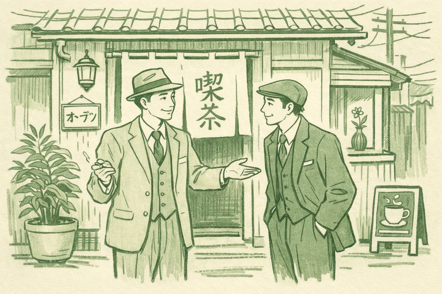 Two men outside historic gay tea shop in 1950s Shinjuku Ni-chōme, Tokyo