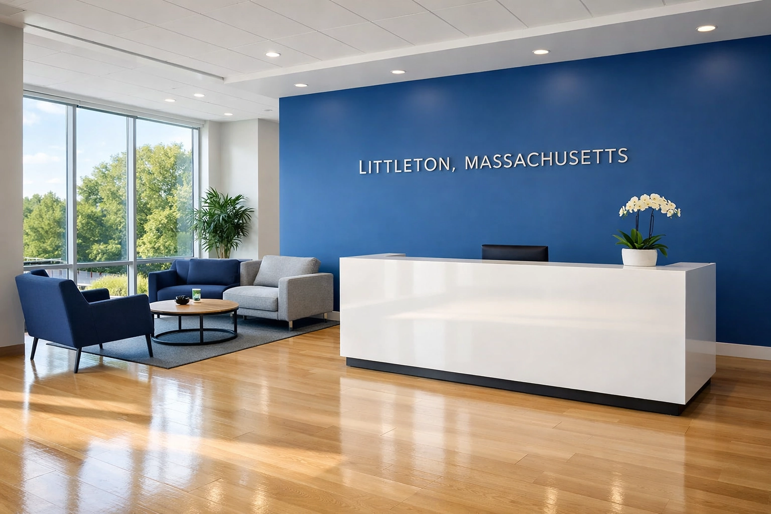 Modern clean office reception area in Littleton highlighting professional commercial cleaning standards.