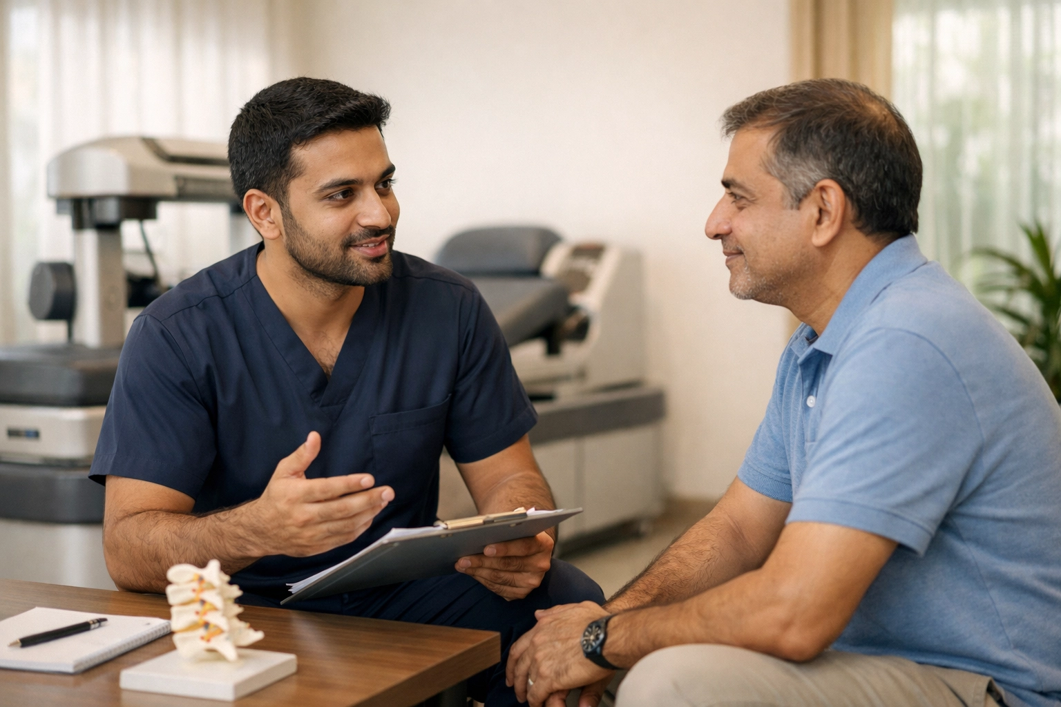 Physiotherapist discussing a non-surgical spine treatment plan with a patient at a Kochi clinic.