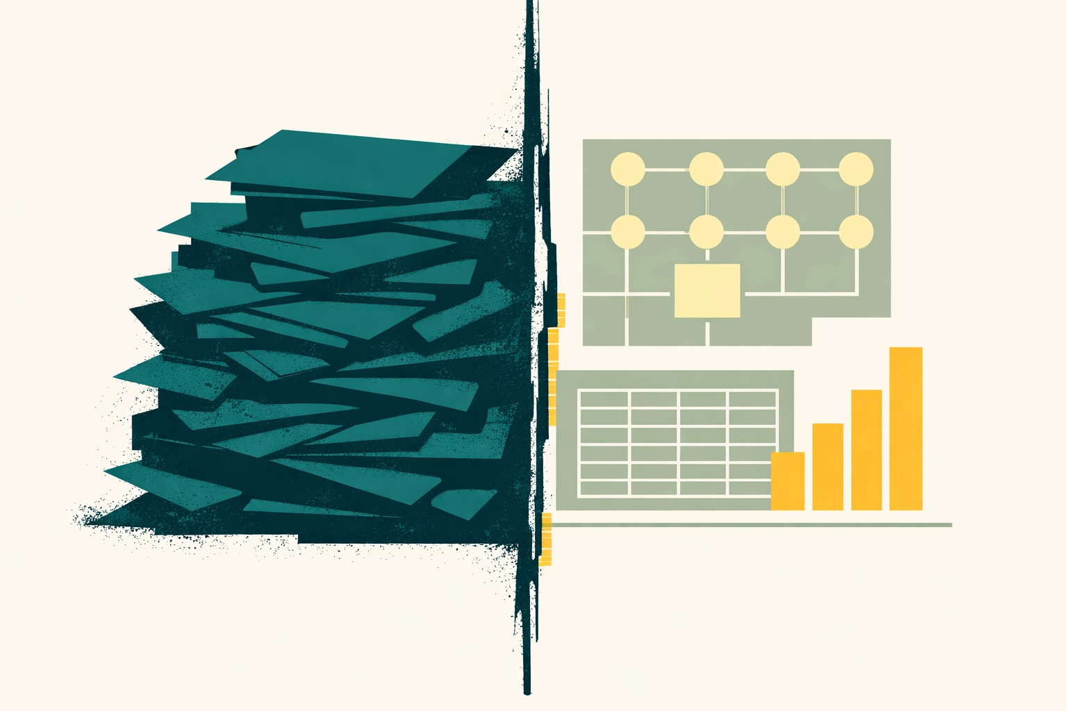 Comparison of messy legacy document stacks versus a structured, accessible digital knowledge base for SEO.