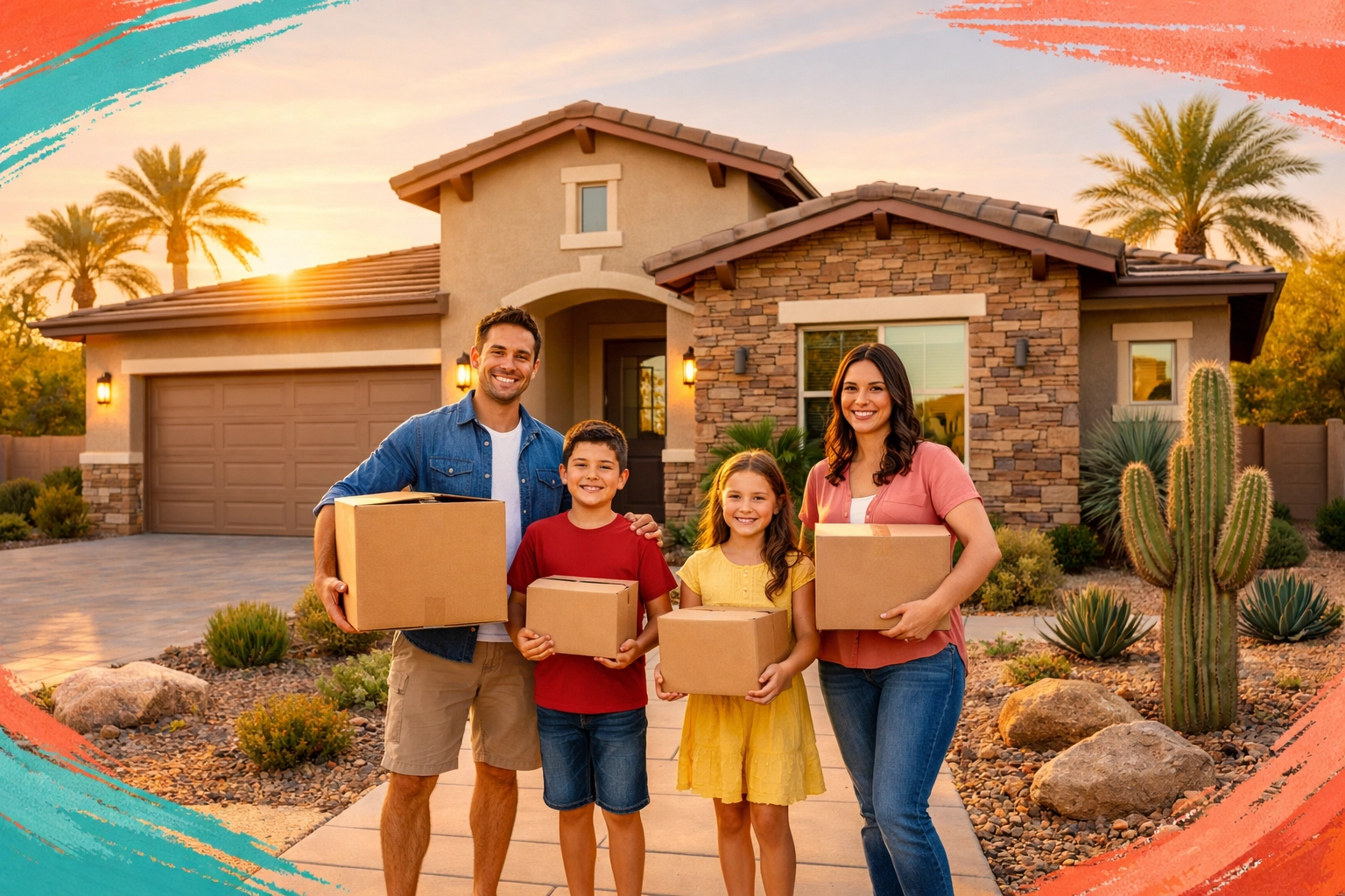 Family moving into affordable Peoria Arizona home with desert landscaping and modern design