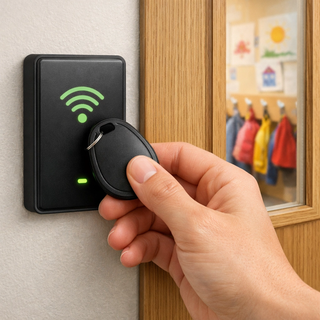 Secure nursery access control system showing a key fob being used at an electronic door reader.