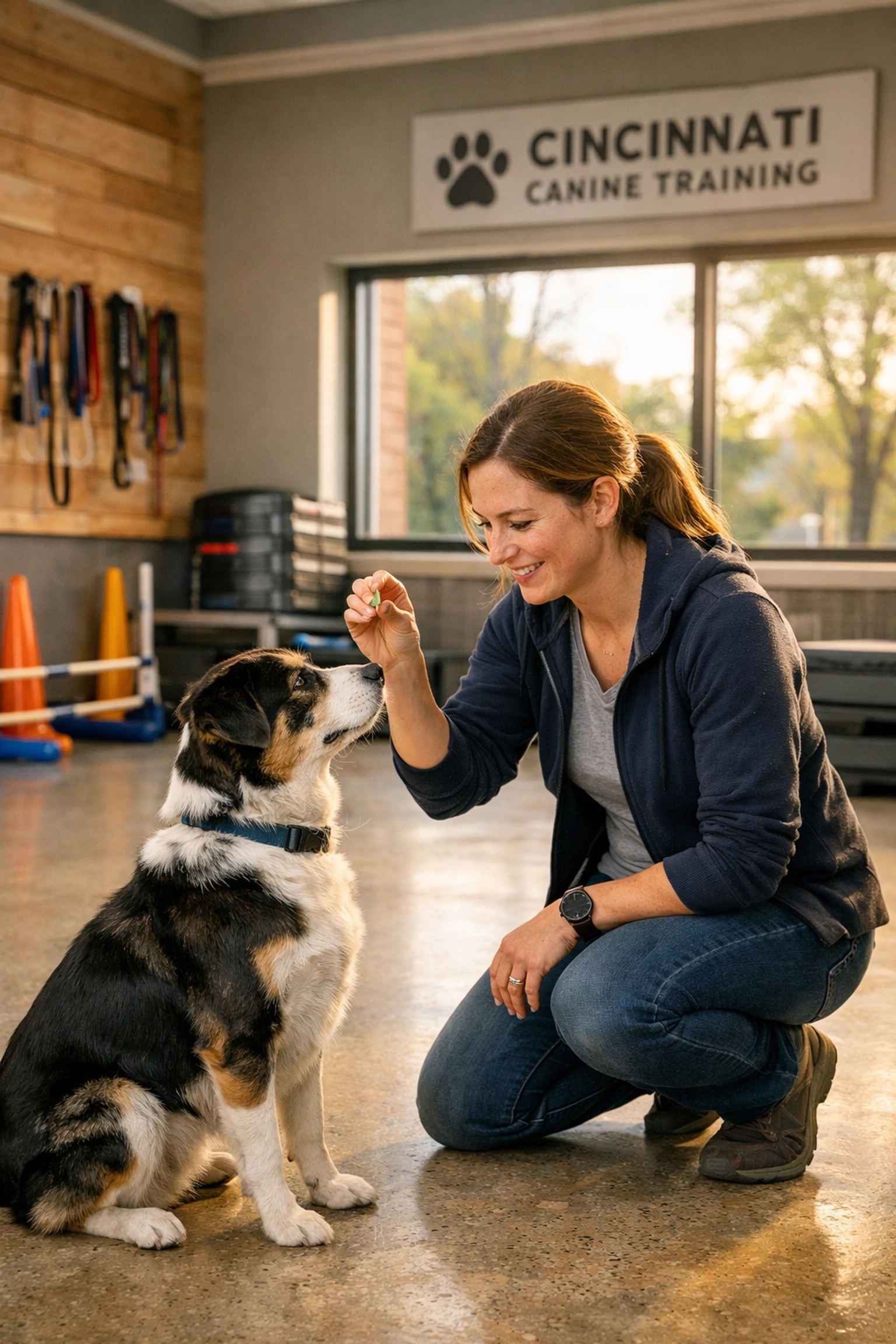 Professional dog trainer working with client's dog in Cincinnati training facility