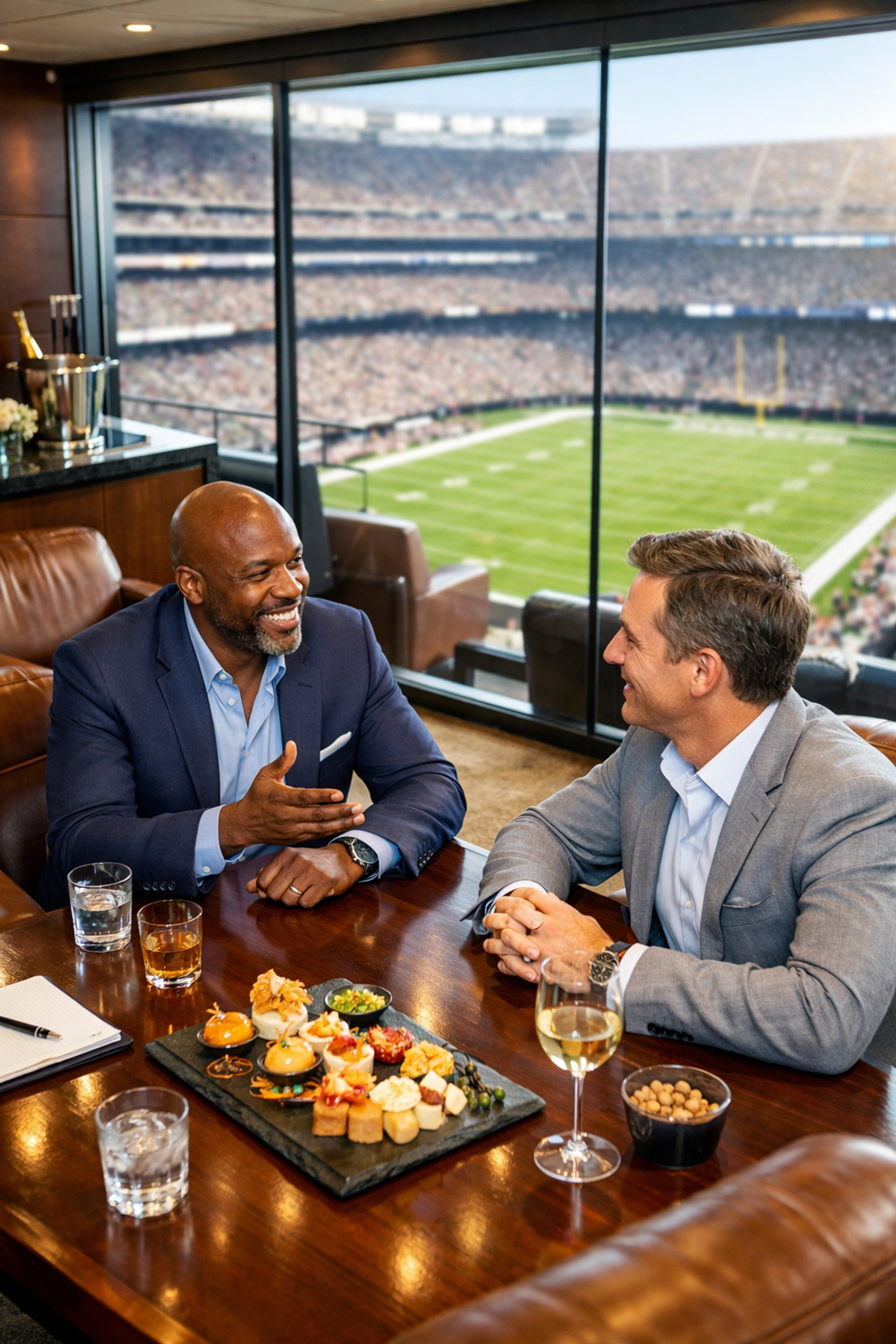 Executives networking in a luxury Super Bowl stadium suite for strategic corporate deal closing.