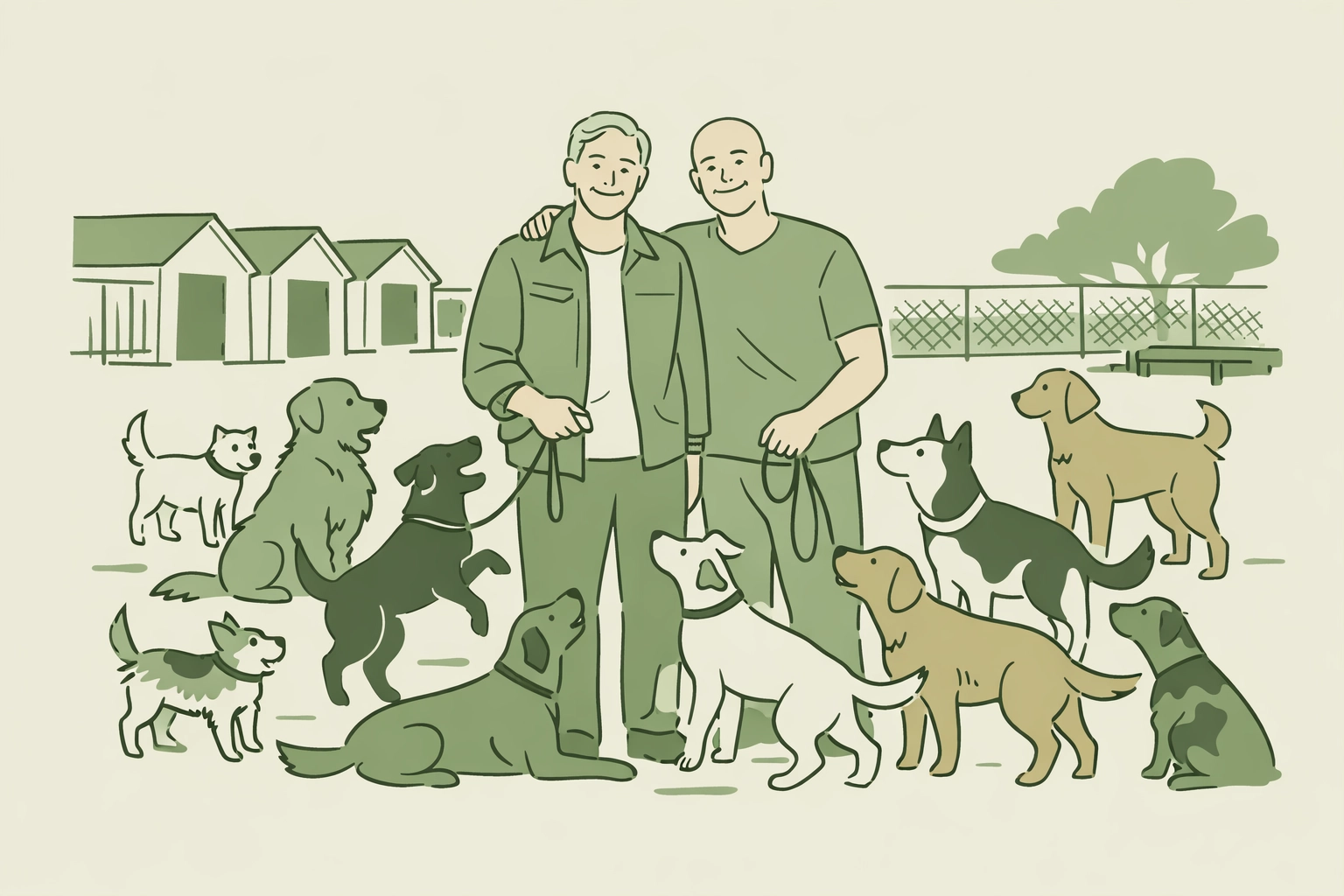 Gay men at dog sanctuary surrounded by rescue dogs they've saved through advocacy work