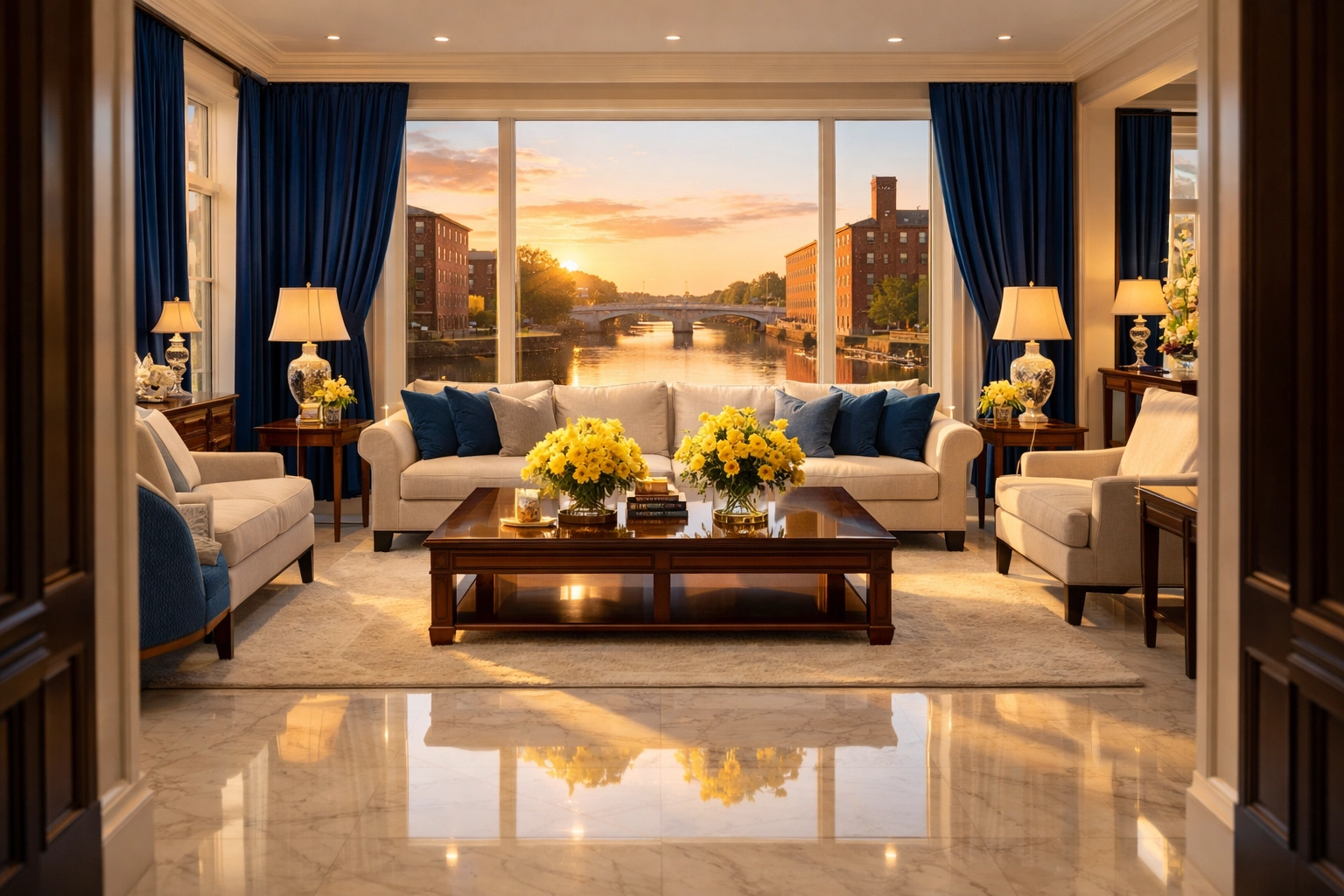 Spotless luxury living room overlooking the Lowell canal system after professional maid services Lowell.