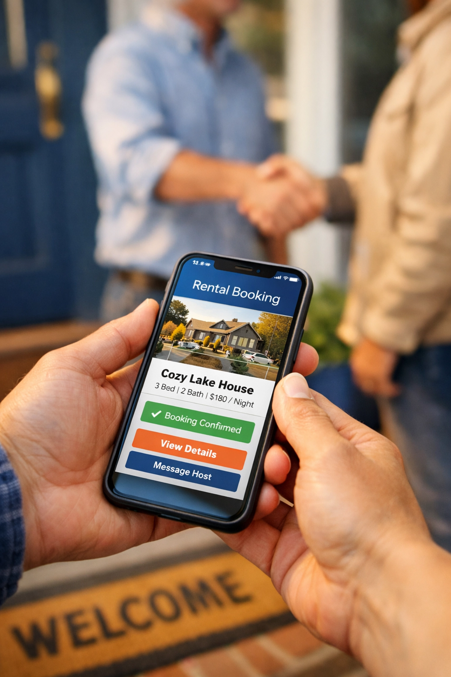 Neighbors using rental app on smartphone with friendly handshake showing trust and safety