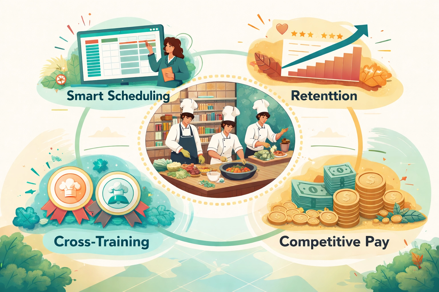 Infographic showing happy kitchen staff, scheduling, retention, and pay solutions for restaurant labor shortages