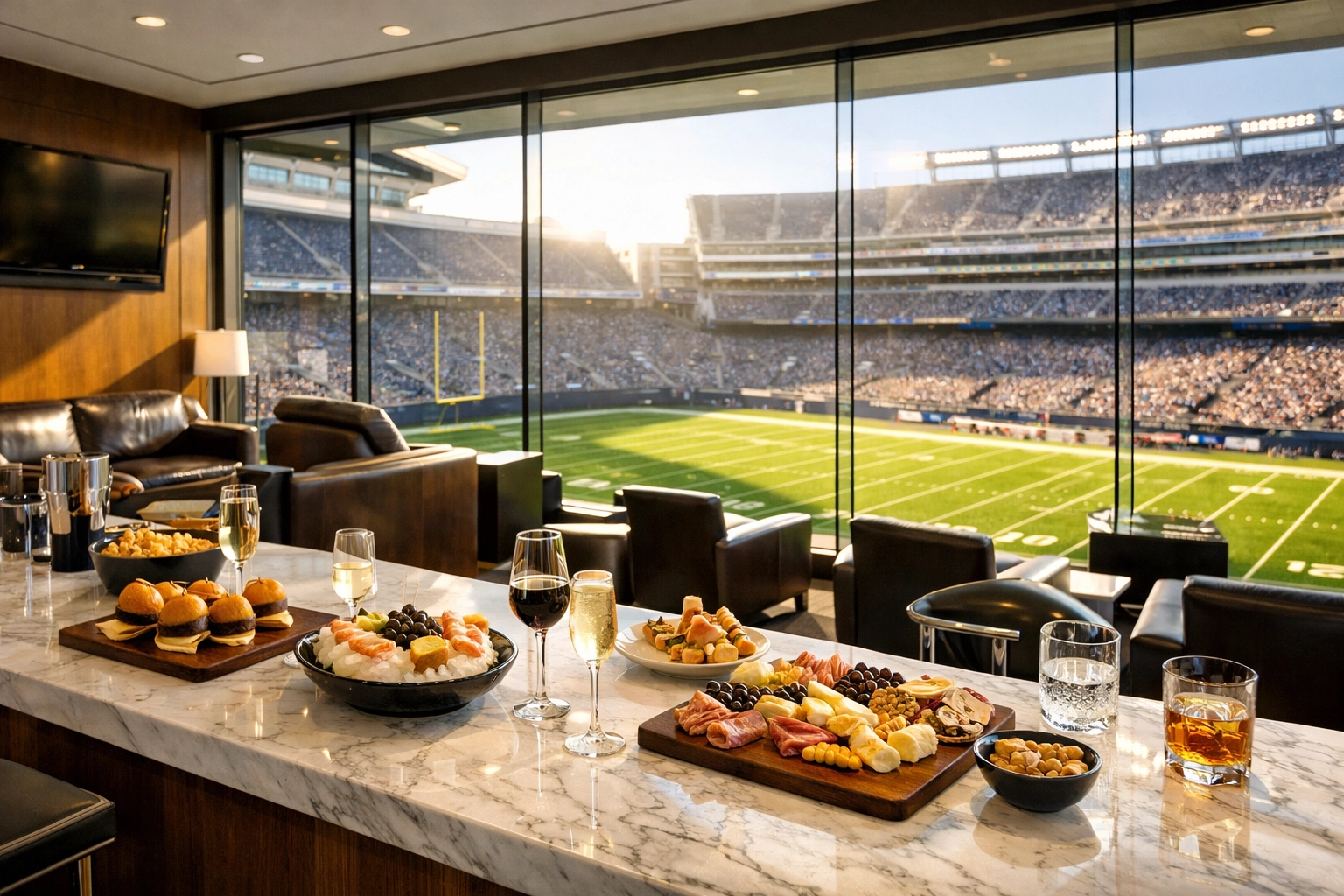Luxury stadium suite with a view of the football field, perfect for high-level Super Bowl corporate hospitality.