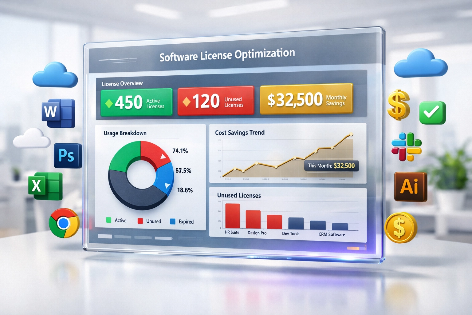 ServiceNow ITOM license optimization dashboard showing unused software licenses and cost savings metrics