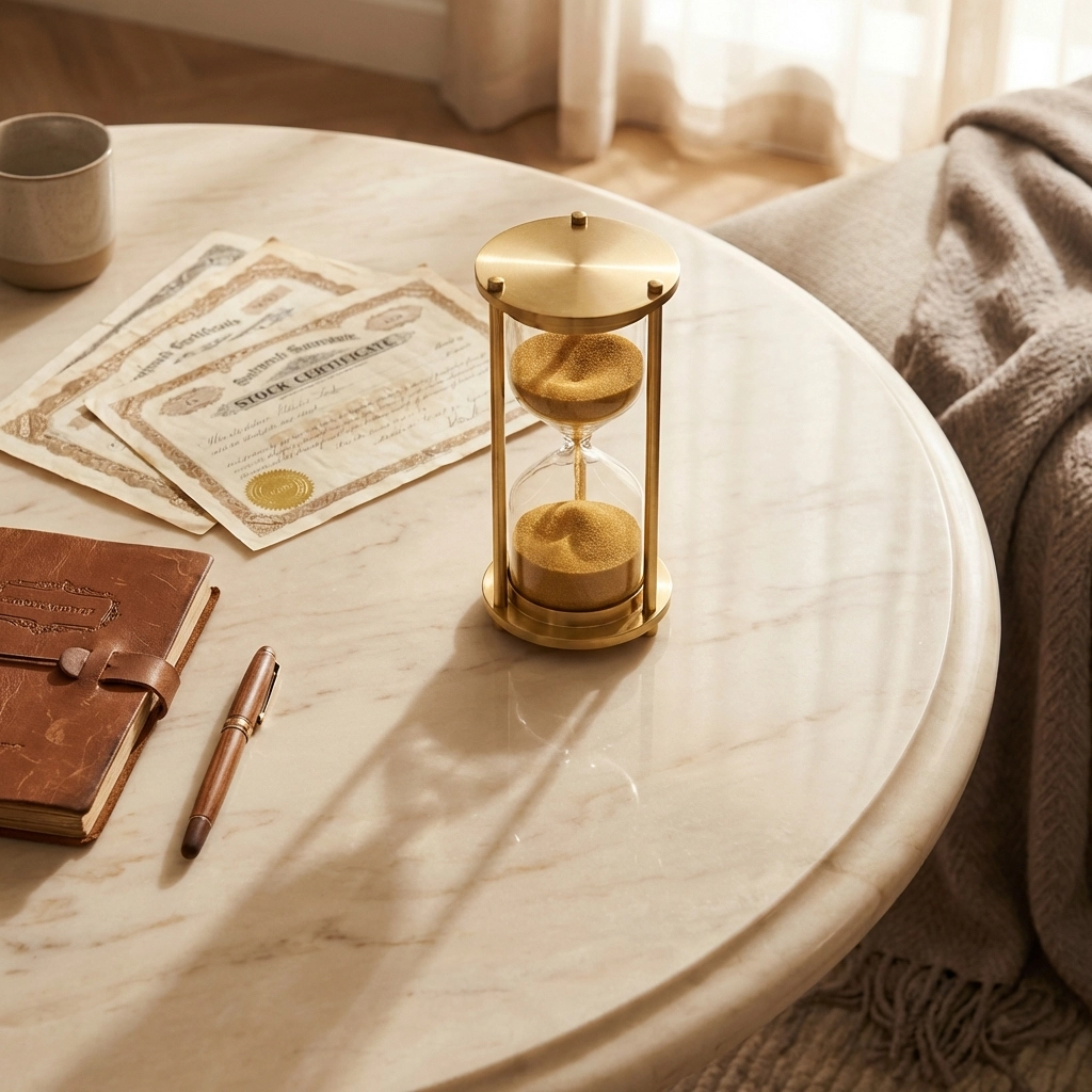 Hourglass and stock certificates on marble, emphasizing patience and long-term wealth building.