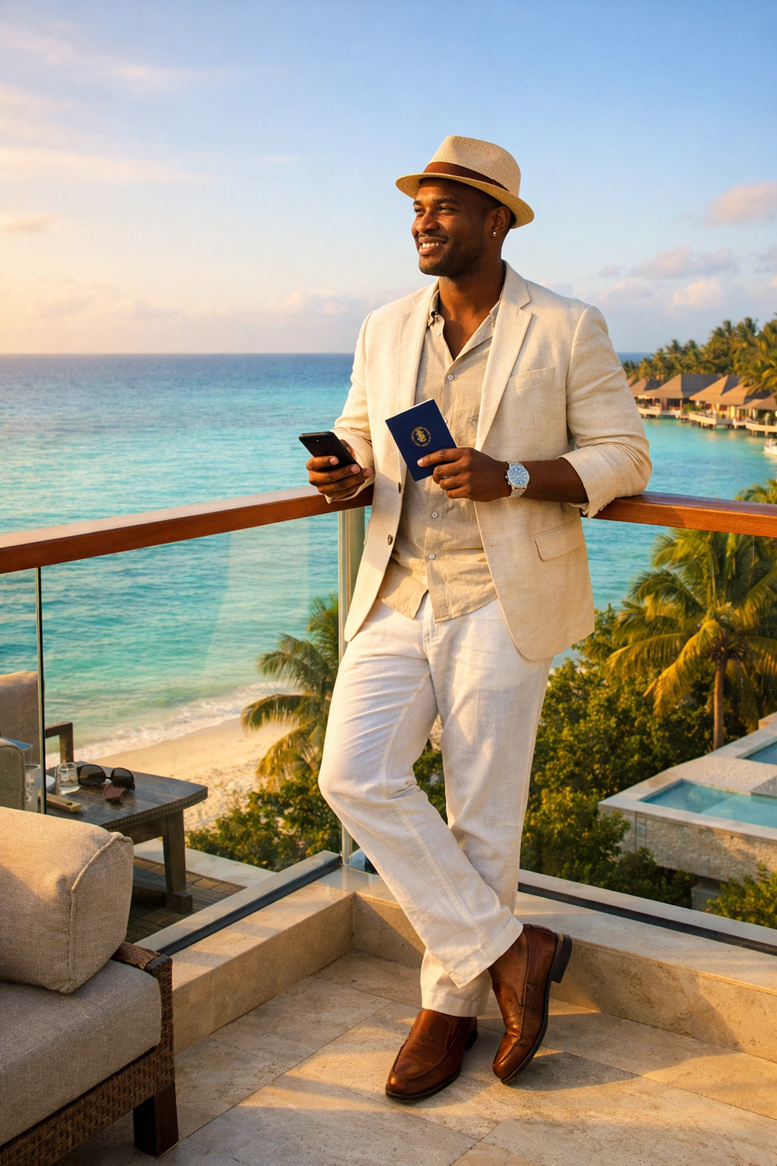 Traveler enjoying a luxury ocean view, reflecting the peace of mind of a personal travel planner framework.