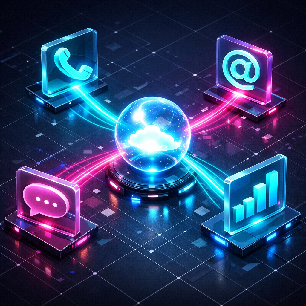 Digital hub visualization of integrated cloud call center communications and customer data streams.