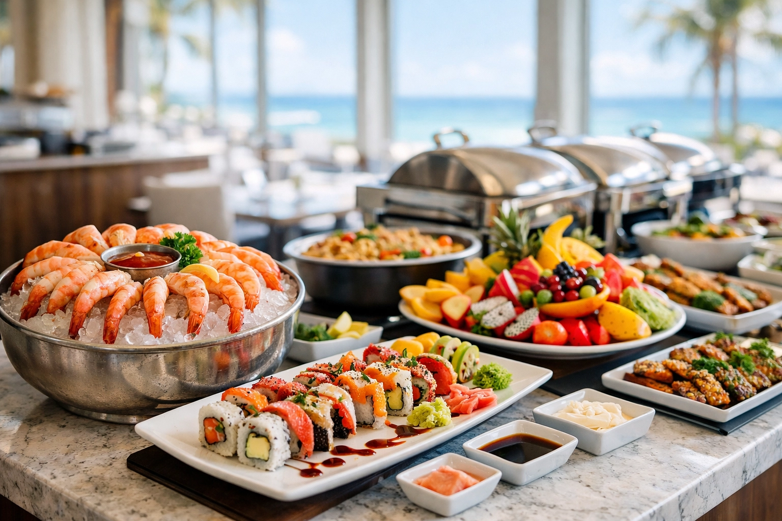Luxury all-inclusive resort buffet with gourmet seafood, sushi, and international cuisine display