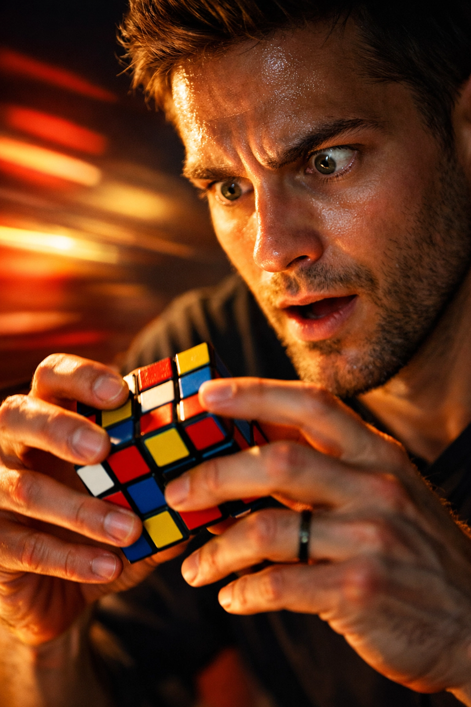 Person solving Rubik's cube with intense focus and concentration