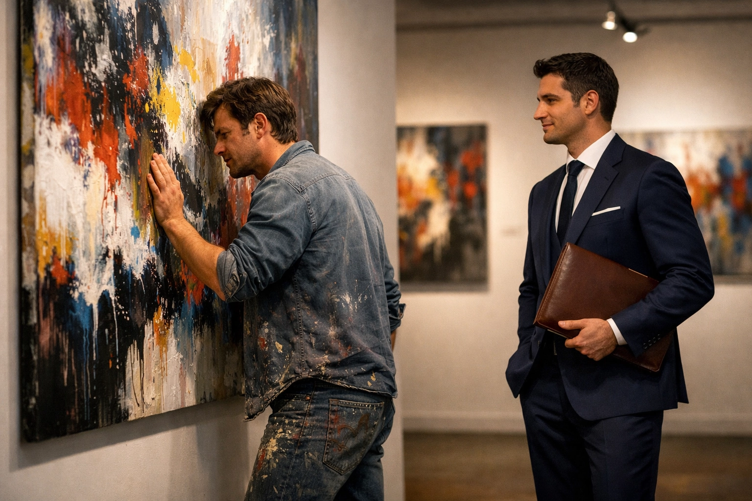 Gay romance: artist and wealthy auctioneer meet in upscale art gallery, MM romance tension