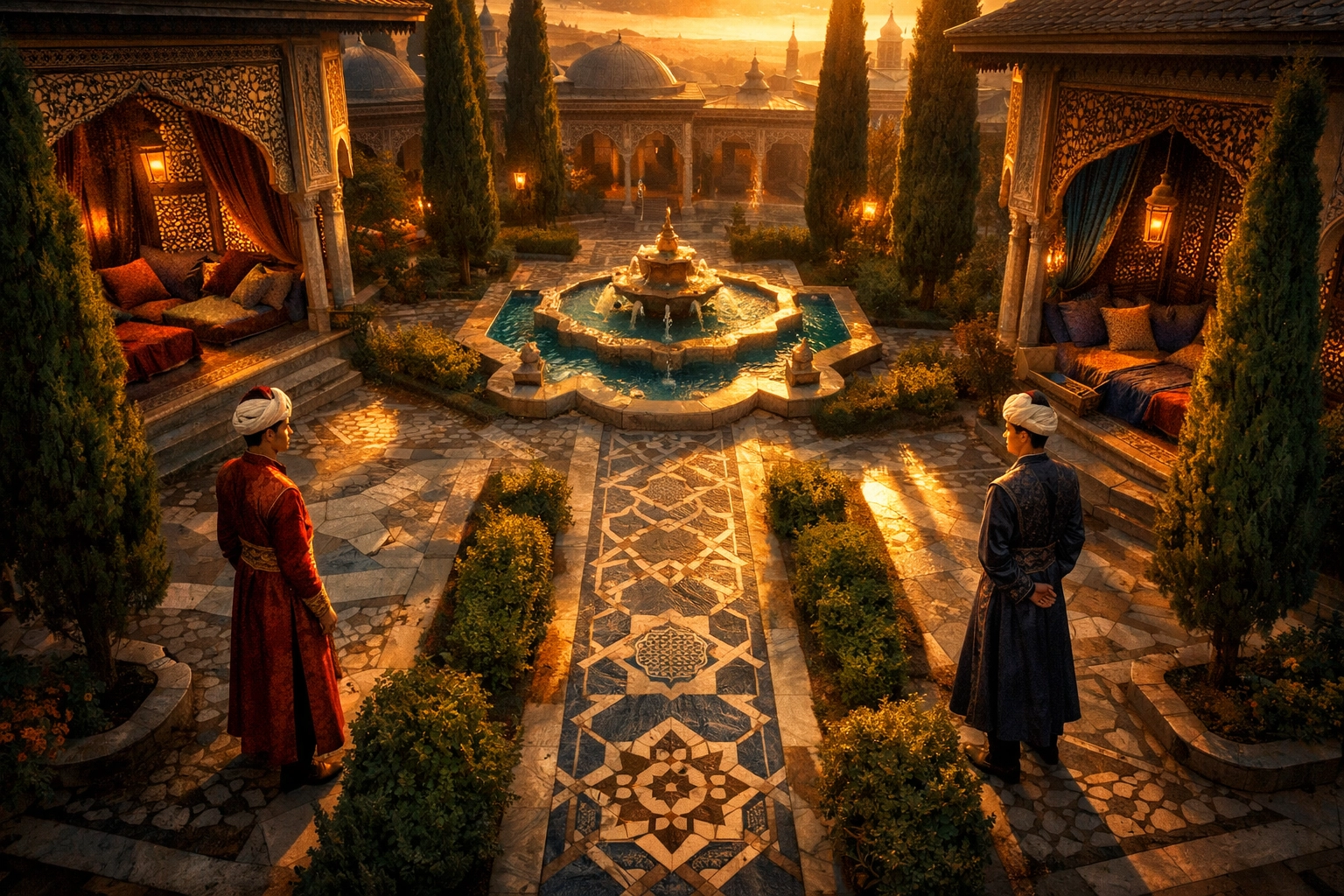Ottoman palace courtyard with two men exchanging glances across geometric gardens at Topkapi