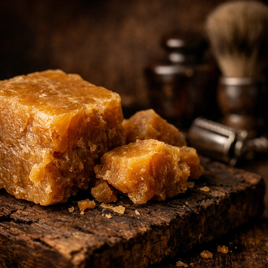 Raw organic beeswax blocks used in premium beard wax for a firm and natural styling hold.
