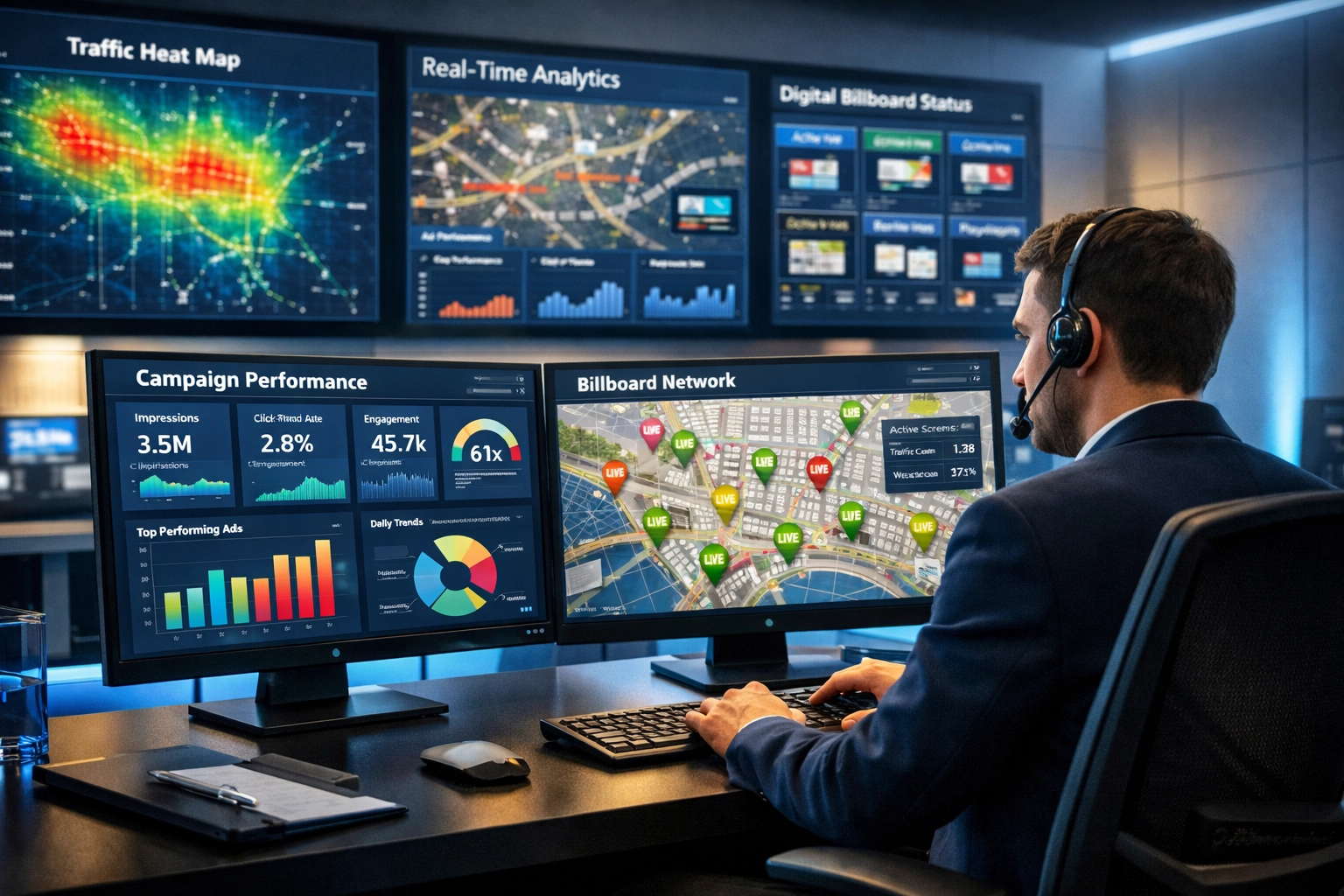 Outdoor advertising control room with real-time campaign analytics and performance dashboards