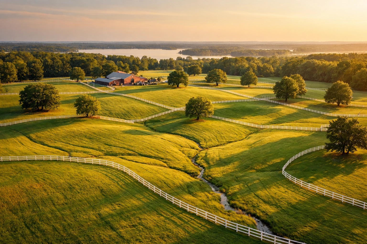 Aerial view of rolling horse farm pastures and barn in Davidson, NC with mature trees and fencing