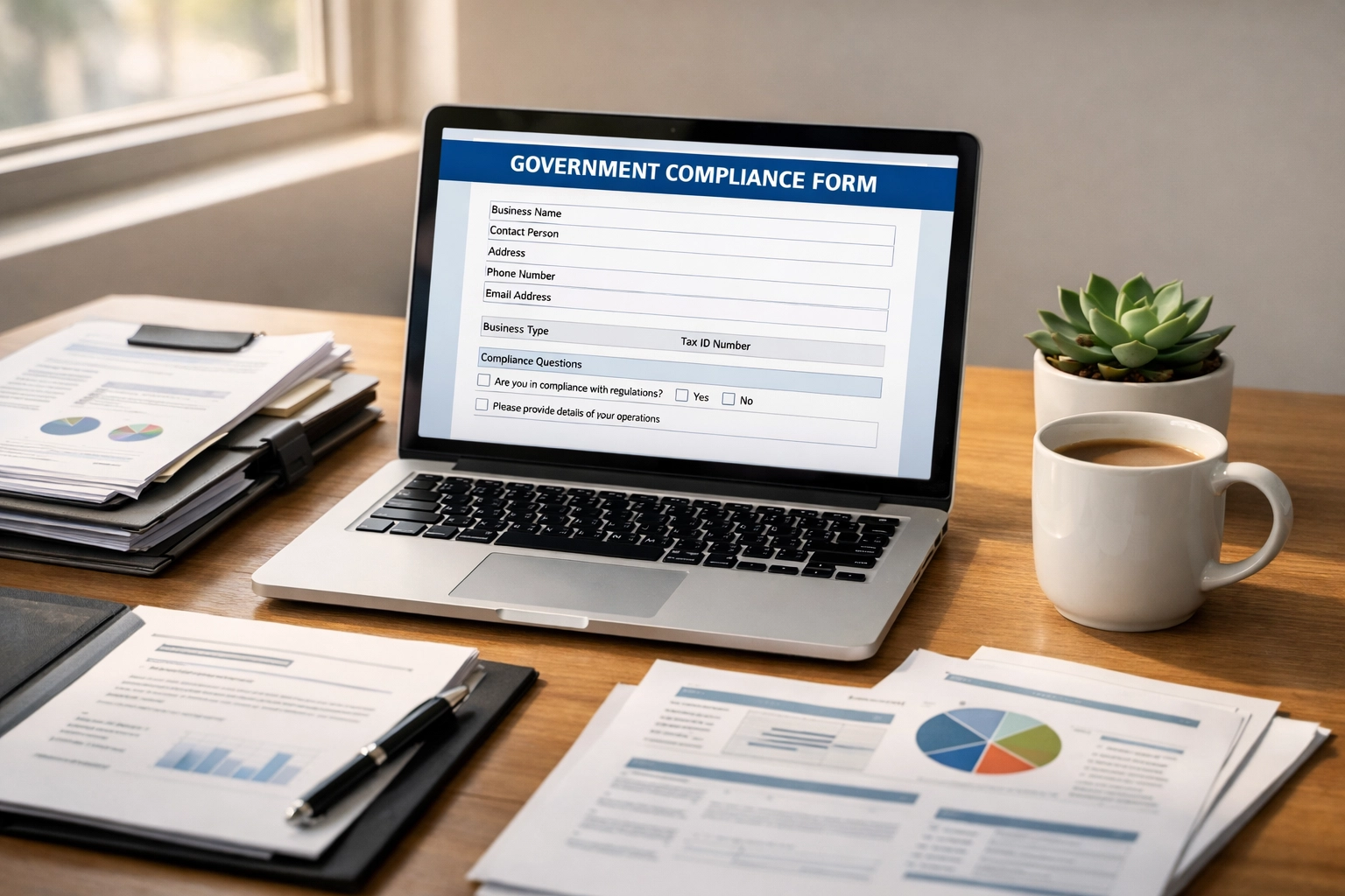 Business owner completing BOI reporting compliance forms on laptop with organized documents