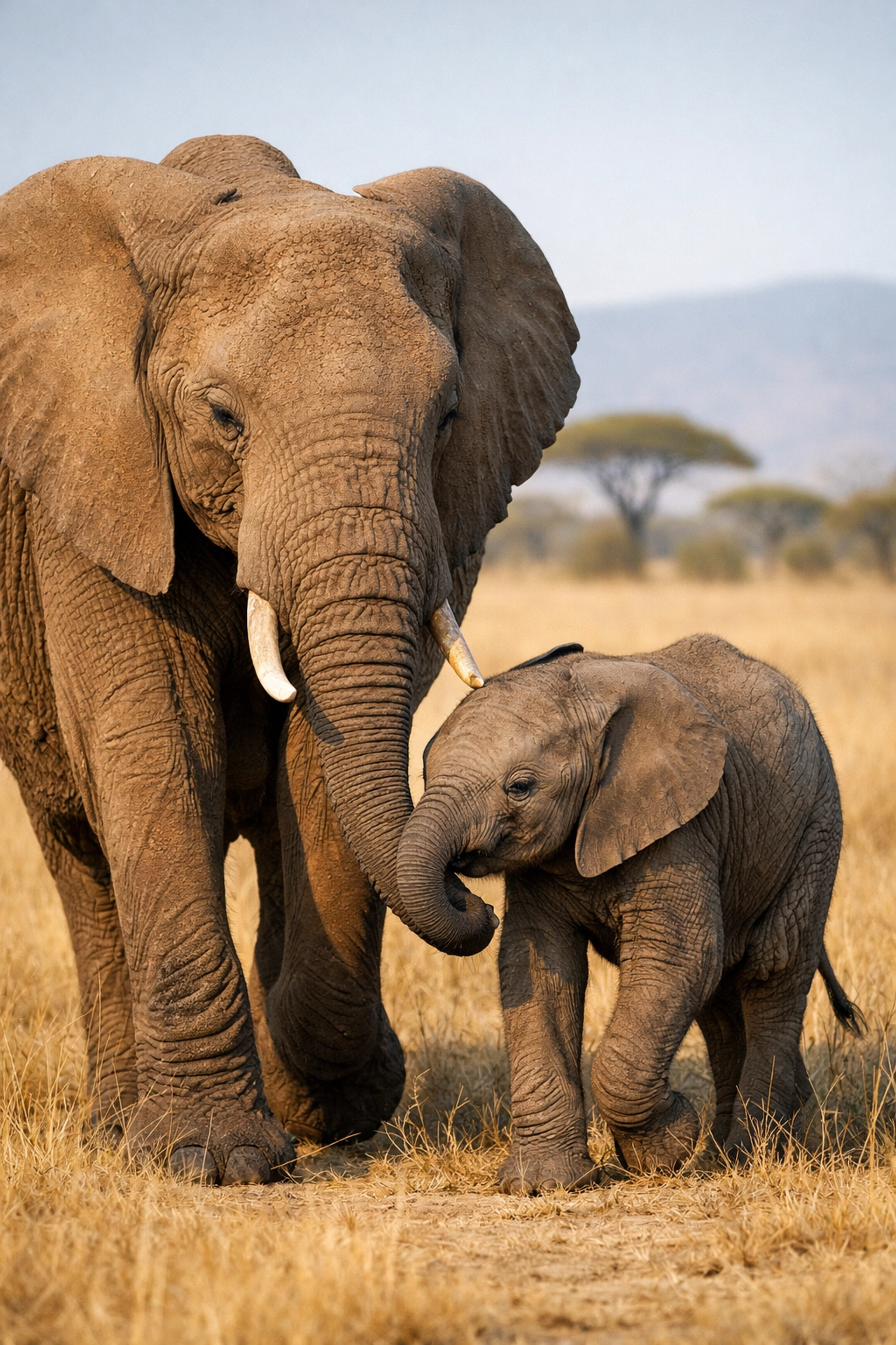Mother and calf elephants in the savanna showing high-quality wildlife photography for conservation storytelling.