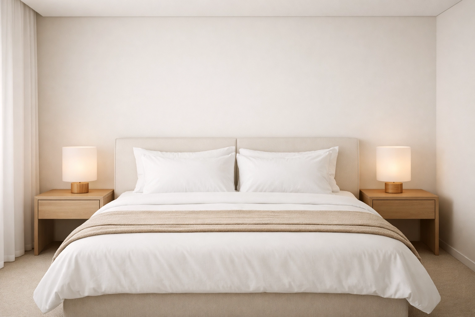 Minimalist hotel suite showing the order achieved through synchronized booking engine and PMS mapping.