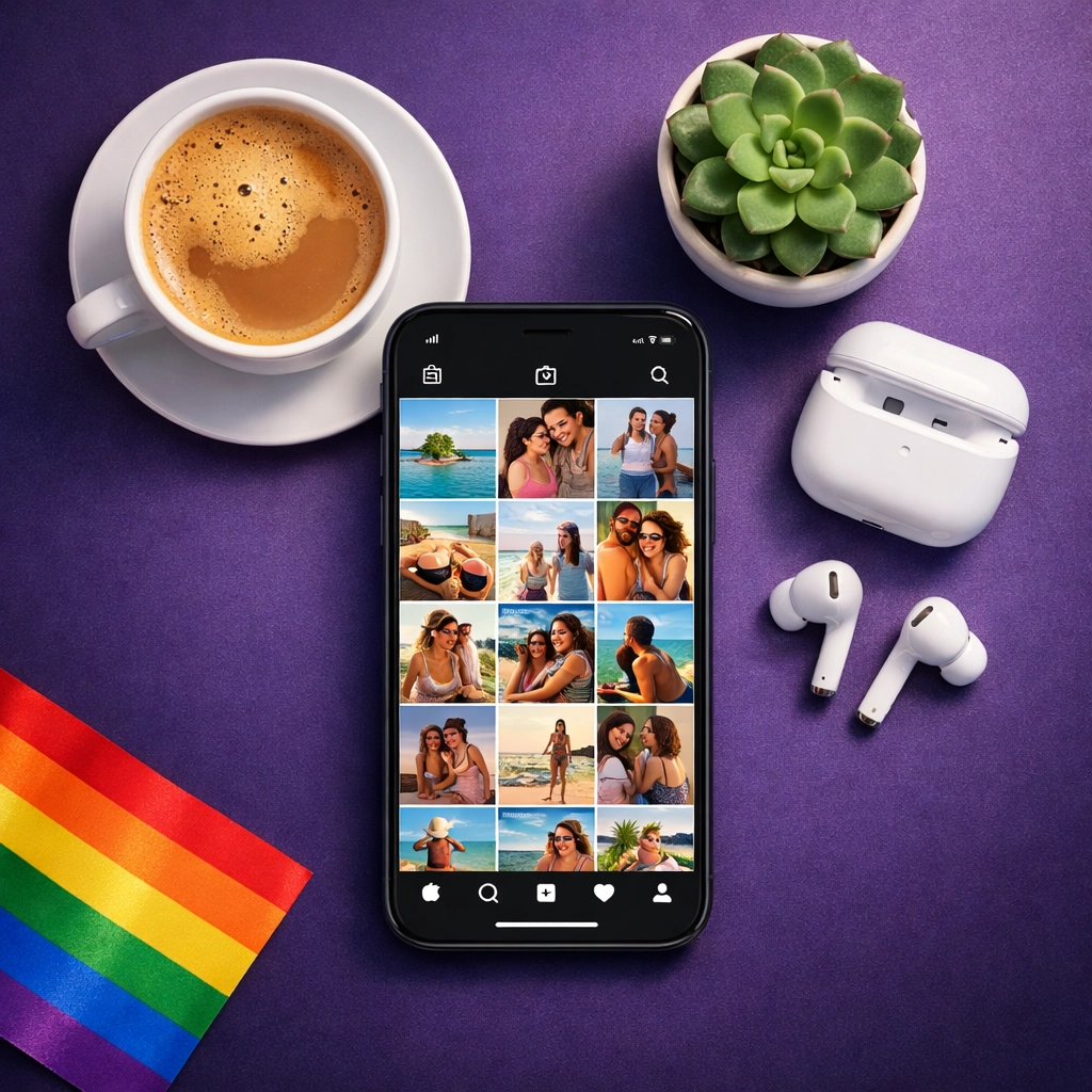 Instagram profile on smartphone with coffee and pride flag showing gay dating through social media