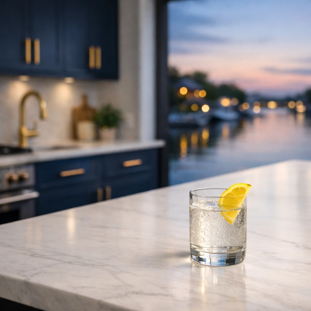 Sparkling modern kitchen with marble island, showing the guest-ready results of a weekly cleaning service in Bourne.