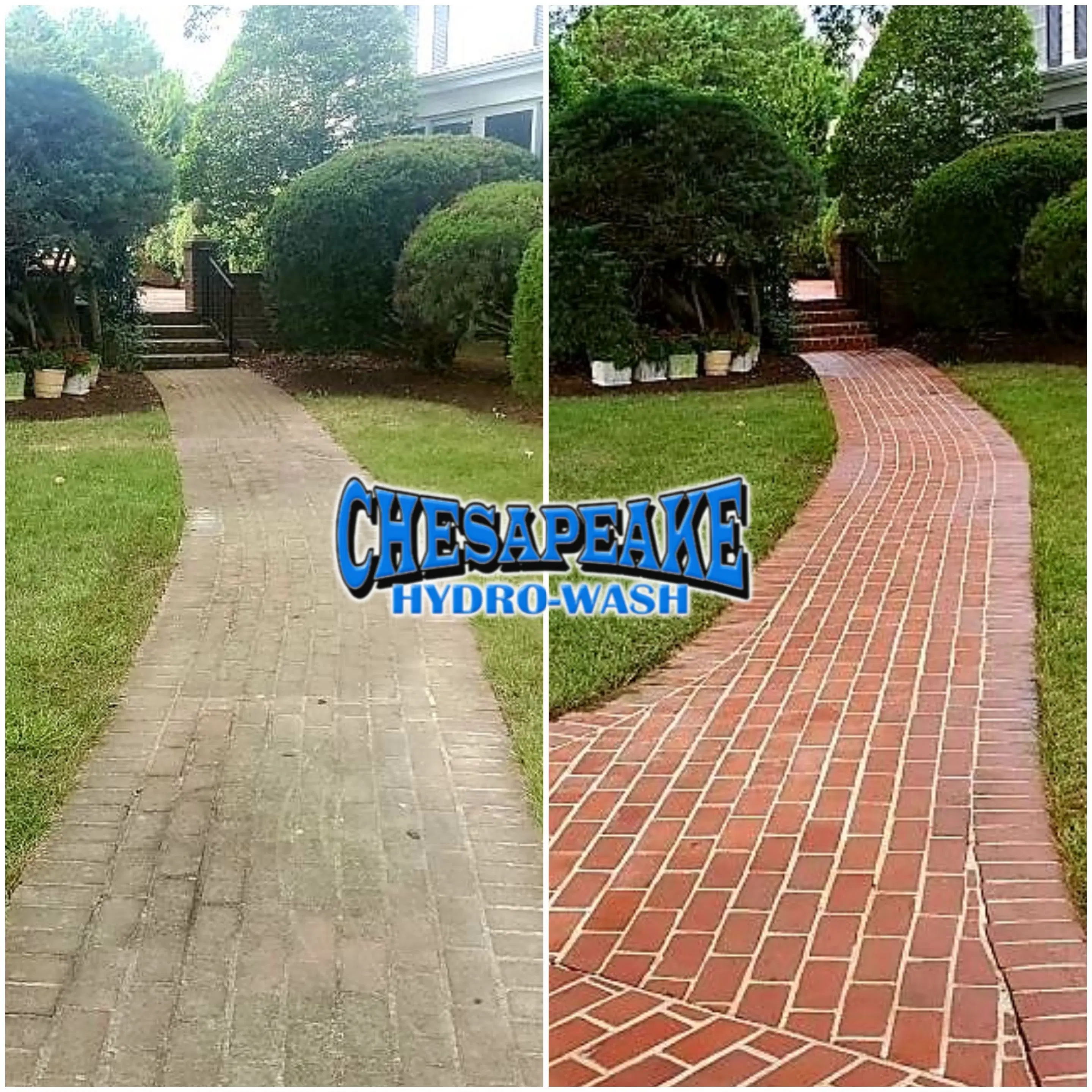 Side-by-side comparison of a brick walkway before and after professional power washing. Left side shows heavy dirt and discoloration; right side displays freshly cleaned, vibrant, and restored brickwork