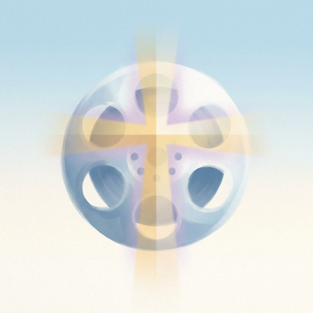 Illustration of a glowing cross with light passing through a film reel, symbolizing Christian movie filters and faith.