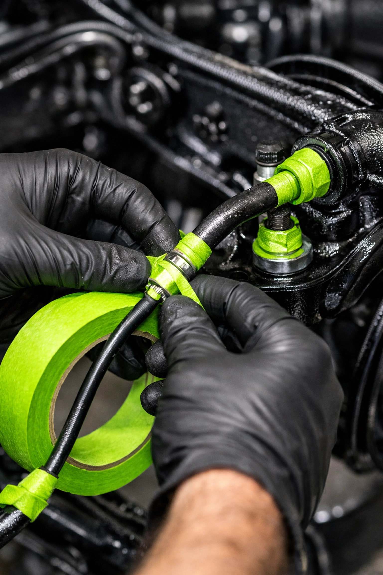 Meticulous masking of brake lines and suspension before professional automotive undercoating near me.