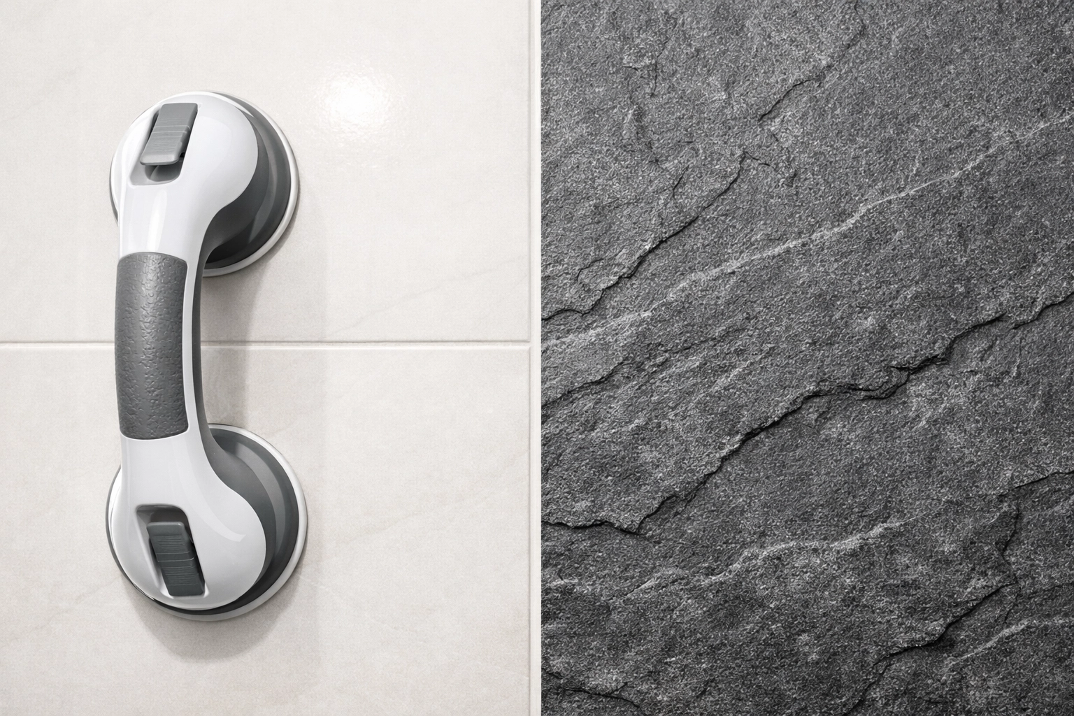 Comparison of smooth and textured bathroom tiles for suction grab bar installation.